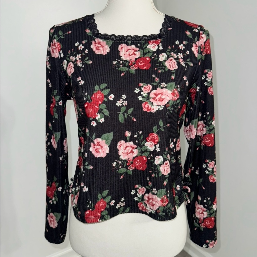Self Esteem Floral Lace Trim Ribbed‎ Knit Ruched Side Long Sleeve Top XL